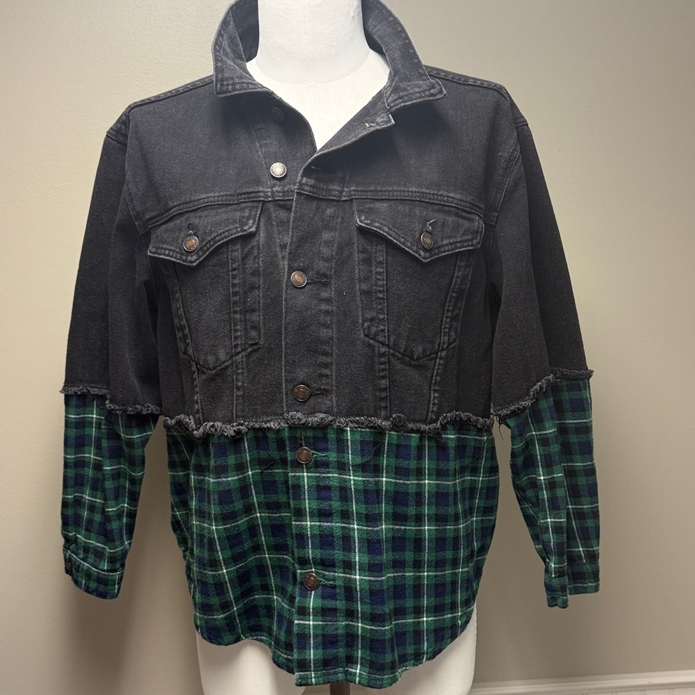 Princess Polly Larkin Mixed Denim & Flannel Grunge Jacket size S/M